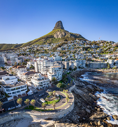 Aerial view of Cape Town, with Green Point and Sea Point, Table Mountain, Signal Hill, Lion's Head, Devil's Peak, South Africa