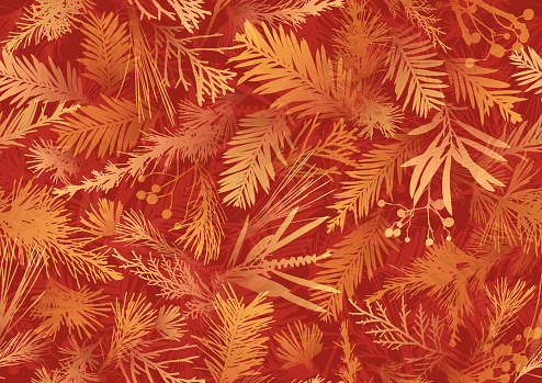 Seamless red and gold Christmas plants pattern design background vector illustration for use on Christmas cards and wrapping paper designs.