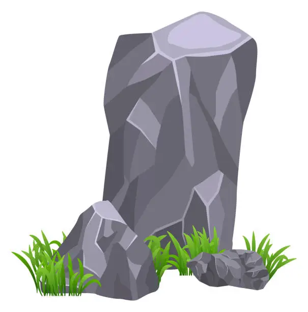 Vector illustration of Stone formation with growing grass. Mountain landscape element