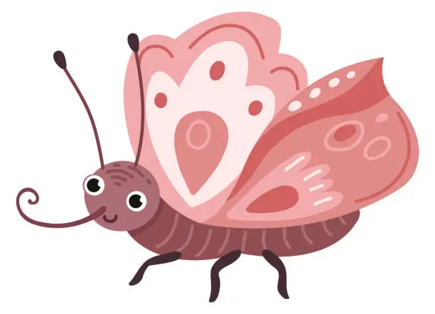 Vector illustration of Cute moth character. Wild summer animal. Funny insect