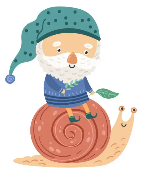 Vector illustration of Gnome riding snail. Cute tiny fairytale character