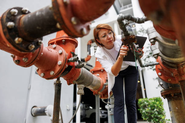 istock Hydrant connections damage and pipeline leakage evaluating. Claim agent inspecting sanitation systems outdoors. Low angle 1649697008