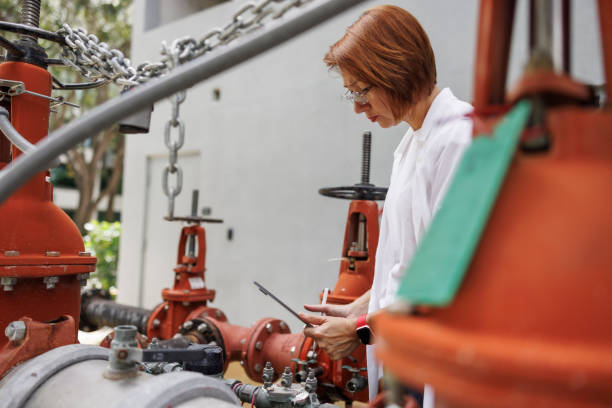 istock Red haired claim agent inspecting water pipelines for supply and distribution with digital app outdoors 1649701695