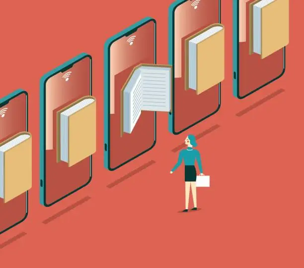 Vector illustration of Businesswoman - Smartphone and Stack of Books