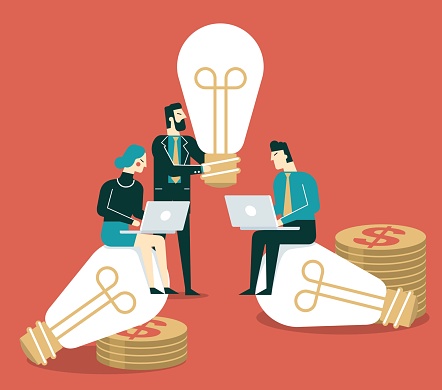 Idea light bulb to business people
