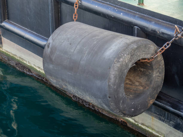 istock Rubber protecting the pier. Navigation safety concept. Shock-absorbing element. 1649727803