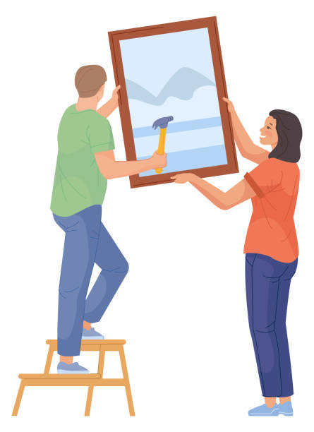 Man and woman handing picture on wall. House decorating Man and woman handing picture on wall. House decorating isolated on white background hanging art on wall stock illustrations