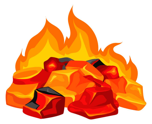 lagerfeuer-symbol. karikatur beim verbrennen von kohle. lagerfeuer-flamme - campfire coal burning flame stock-grafiken, -clipart, -cartoons und -symbole