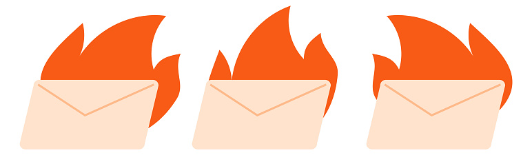 Urgent important messages icon. Mail burning in fire isolated on white background