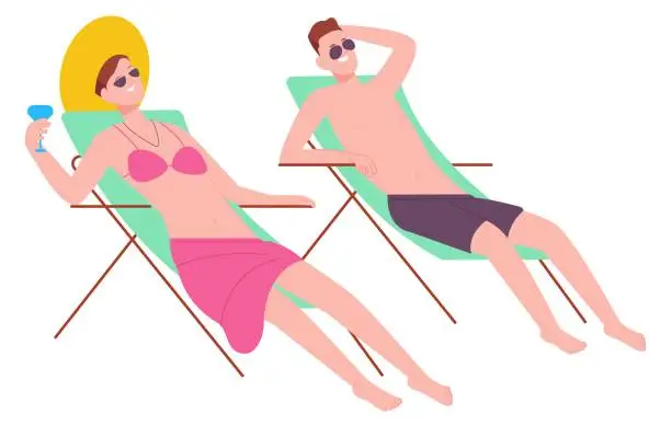 Vector illustration of Man and woman sit on beach deckchairs. Couple resting on resort