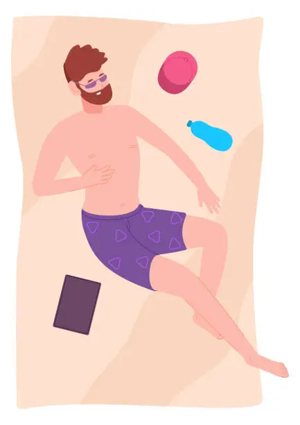 Vector illustration of Man laying on beach towel. Summer picnic relaxation isolated on white