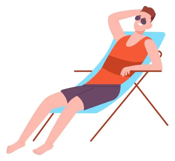 Vector illustration of Happy guy lay in deckchair on beach. Summer vacation isolated on white