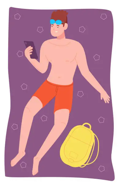 Vector illustration of Sunbathing person. Guy laying on beach towel with smartphone