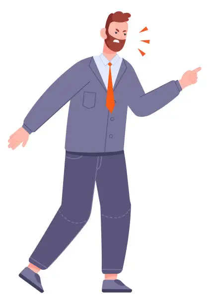 Vector illustration of Shouting man in suit. Angry office manager yelling