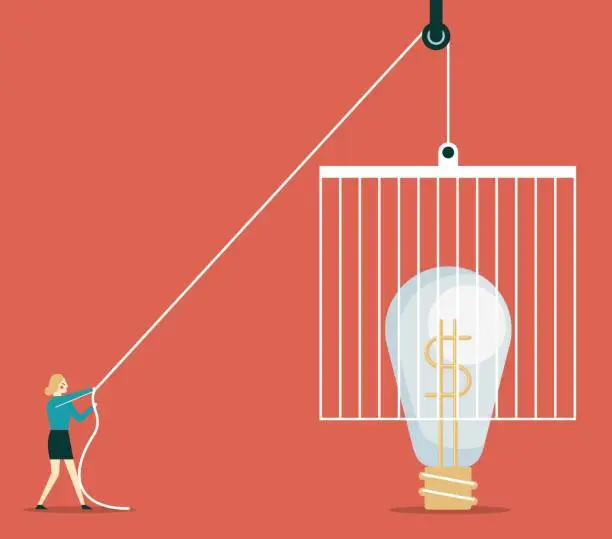 Vector illustration of Open cage with idea bulb - Businesswoman