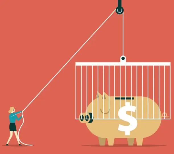 Vector illustration of Piggy Bank in large cage - Businessman