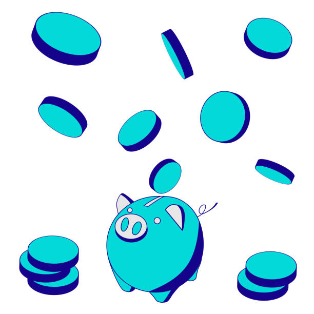 Clip art of piggy bank and falling money. Image of investment, savings, and asset building. 豚の貯金箱と降ってくるお金のイラスト。資産運用によってお金が増えていく、貯金・投資のイメージ素材。 mutual fund stock certificate stock market isolated stock illustrations