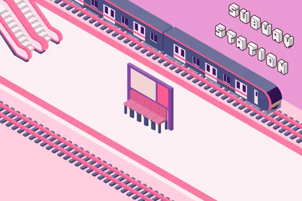 Vector illustration of Illustration of a subway station platform with trains stopped. Isometric transportation infrastructure material.