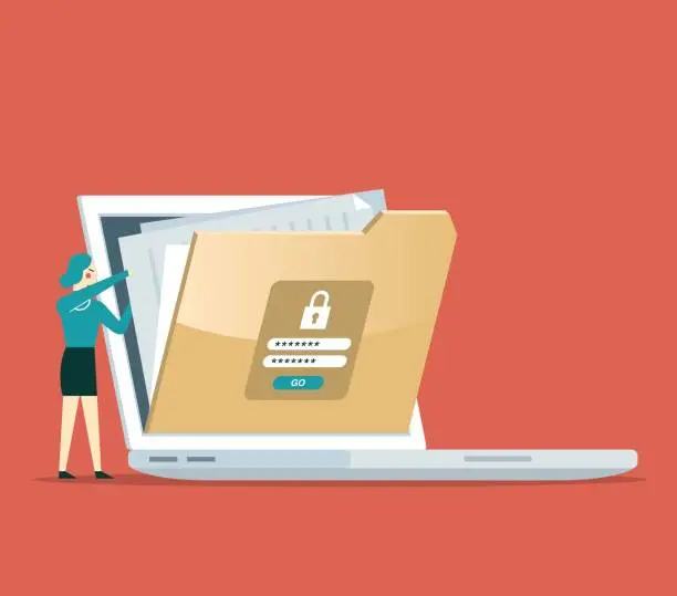 Vector illustration of digital file management and security - Busineswoman