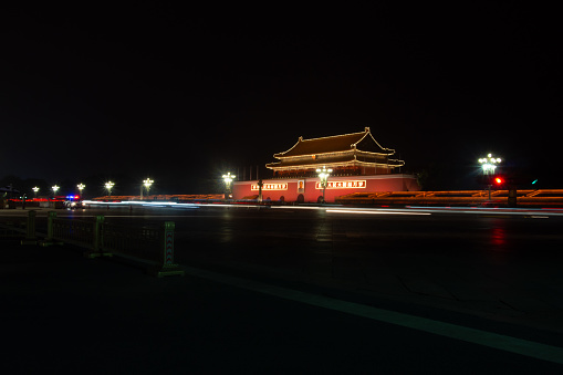Tiananmen​ Square​ with the light illumination in Beijing, China
