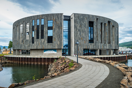 Hof Cultural and Conference Centre in downtown Akureyri, Iceland on an overcast day.