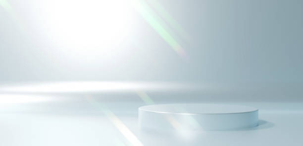istock 3D Illustration.Silver background and base. Shining colorful light. Copy space. (horizontal) 1649818953