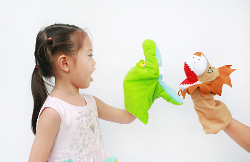 Little Asian child girl hands playing animal puppets with hand of her mother on white background. Educations concept.