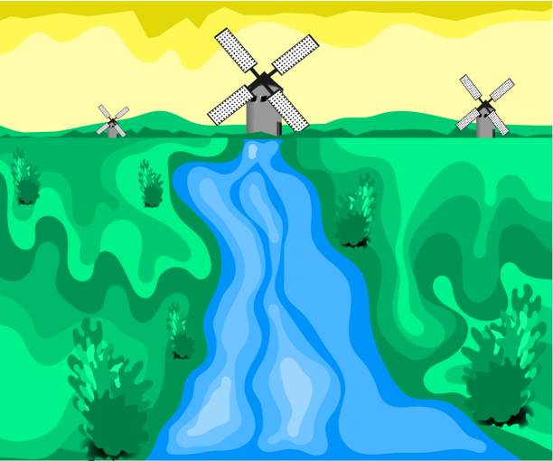 illustrazioni stock, clip art, cartoni animati e icone di tendenza di splendido scenario di mulini a vento olandesi con fiumi che scorrono - polder