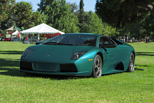 San Marino, California, United States - August 26, 2023: Lamborghini Murcielago car shown parked on grass at Lacey Park.