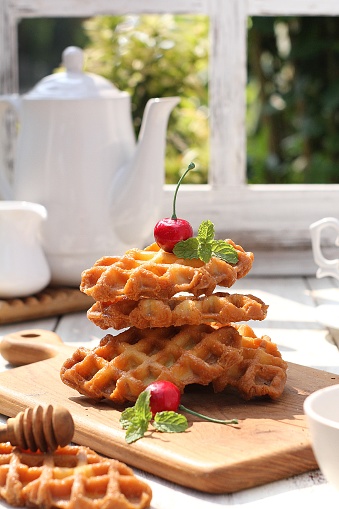 waffles on a cutting board for breakfast