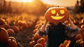 girl with orange Halloween pumpkins in the field