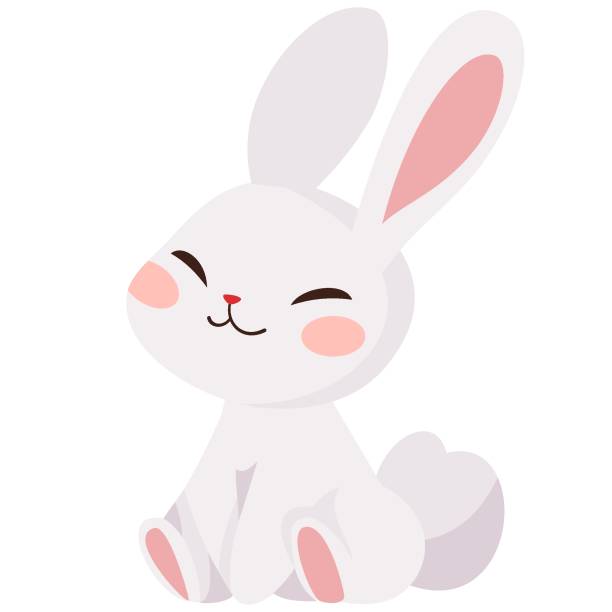 Print Flat vector illustration. Cute contented white hare. Children's illustration on white background rabbit game meat stock illustrations