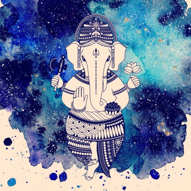 bóg ganesha na niebieskim tle akwareli - ganesh festival stock illustrations