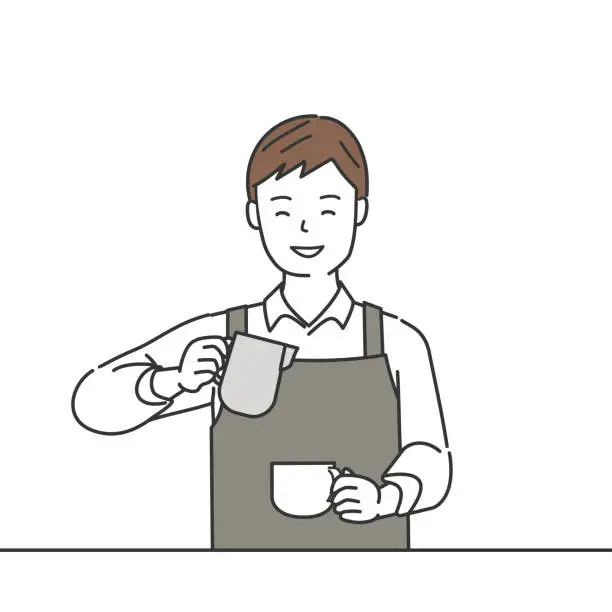 Vector illustration of Man barista making coffee in coffee shop