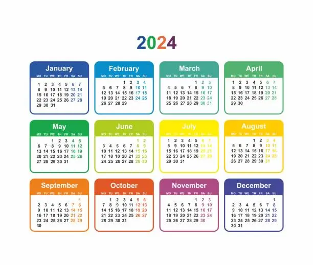 Vector illustration of Calendar grid 2024 colorful vector