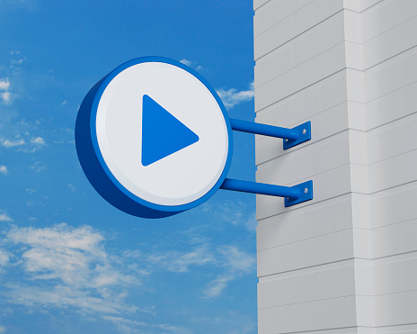 Play button icon on hanging blue rounded signboard over sky, Business music online concept, 3D rendering
