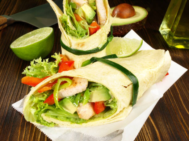 Chicken Wrap with Avocado on wooden Background