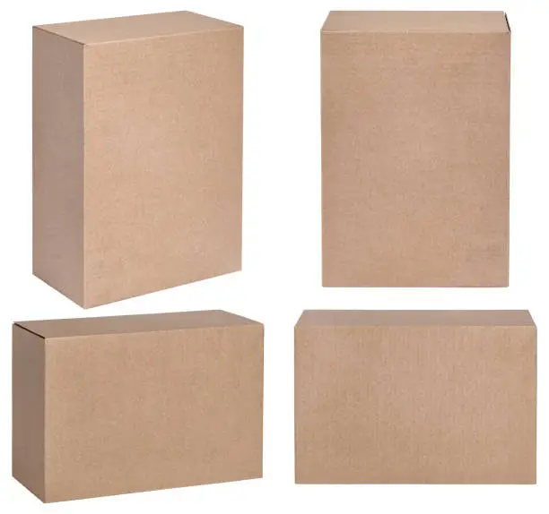 Photo of brown cardboard box set mockup with clipping path