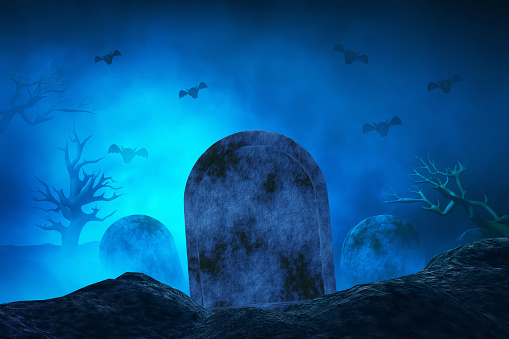 Cartoon grave stone with flying bat in graveyard at night 3d illustration