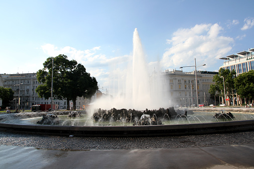 Slavonski Brod, Croatia, March 05th 2019: The fountain at the Ivane Brlic Mazuranic Square in a downtown pedestrian zone.