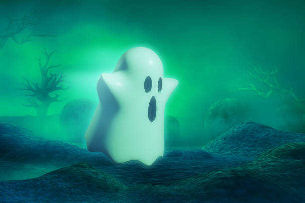 Cartoon funny flying white ghost sheet on graveyard cemetery 3d illustration