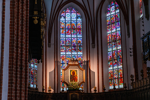 View of the stained glasses inside of the Roman Catholic Church of the Visitants in Warsaw, Poland
