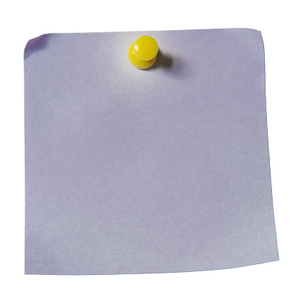 Purple reminder note paper sticker with pin on white background with clipping path