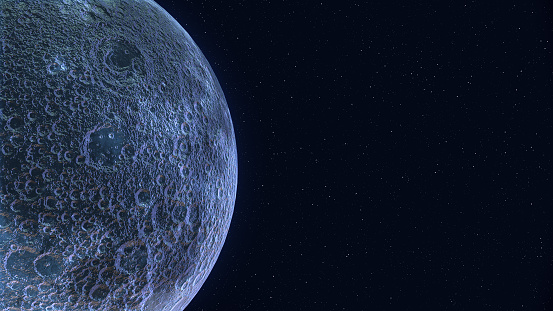 Moon looking blue in space. 3D scene created and modelled in Adobe After Effects and the planet textures are taken from Solar System Scope official website (https://www.solarsystemscope.com/textures/)