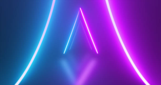 abstrakter dreieckstunnel neonblaue und violette energie, die aus dem linienhintergrund leuchtet - organization electronics industry dance and electronic data stock-fotos und bilder
