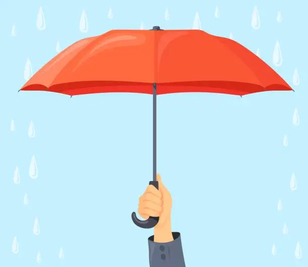 Vector illustration of Hand holding umbrella. Guardian arm hold parasol handle in raining weather, business protection or insurance coverage concept outdoor storm protect cartoon neat vector illustration