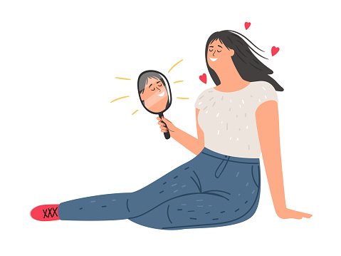Love yourself, self acceptance concept. Happy beautiful woman looking in the mirror. Young woman healthy self-perception. Self esteem vector illustration. Smiling woman holding mirror with happiness