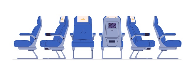 Airplane armchairs. Aircraft seats for safety flight and comfort travel inside plane of economy business class interior, isolated chair aeroplane space, classy vector illustration of aircraft seat