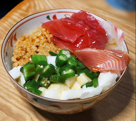 Tuna, Okra and Chinese yam rice bowl.
