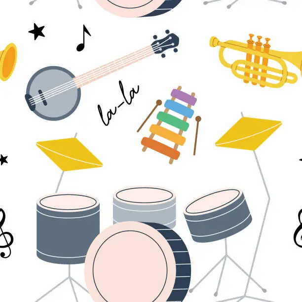 Vector illustration of Musical instruments seamless pattern. Tuba, trumpet, drum flute, horn, lute, violin, electric bass guitar. Colored musical instruments background